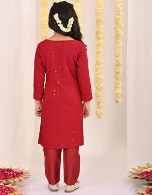 Maroon embroidered blended cotton kurta set & kurta pyjama brother sister matching combo 2