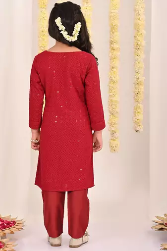 Maroon embroidered blended cotton kurta set & kurta pyjama brother sister matching combo