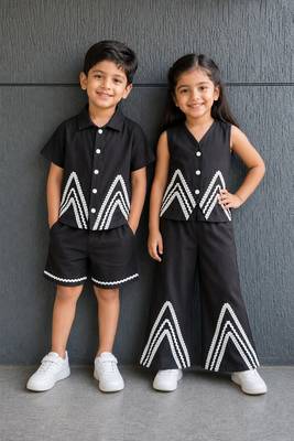Black embroidered cotton co-ord set brother sister matching combo 1