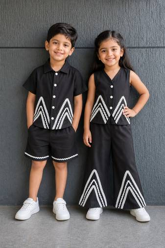 Black embroidered cotton co-ord set brother sister matching combo