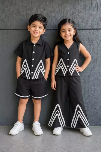 Black embroidered cotton co-ord set brother sister matching combo