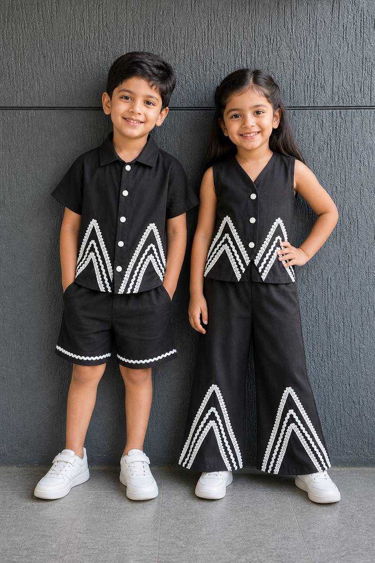 Black embroidered cotton co-ord set brother sister matching combo