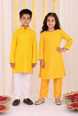 Yellow embroidered blended cotton kurta set & kurta pyjama brother sister matching combo 1