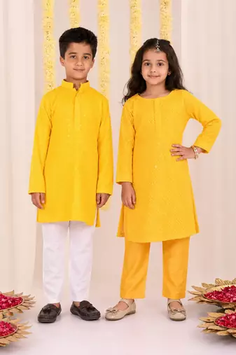 Yellow embroidered blended cotton kurta set & kurta pyjama brother sister matching combo