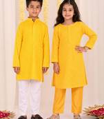 Yellow embroidered blended cotton kurta set & kurta pyjama brother sister matching combo
