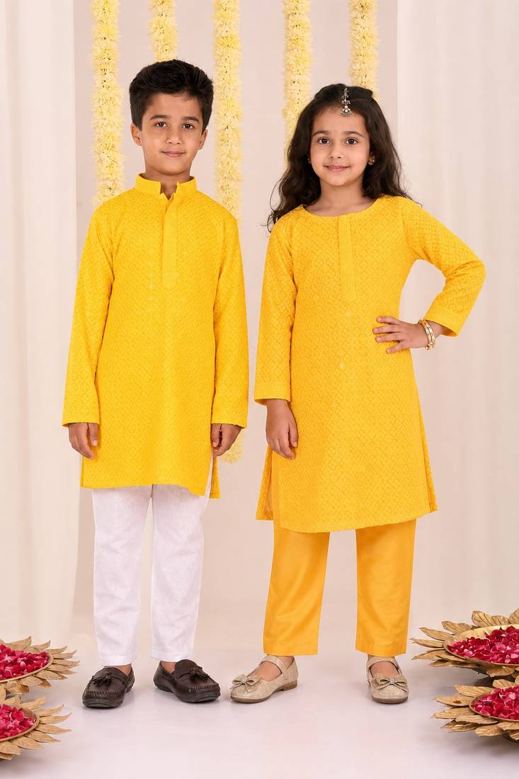 Yellow embroidered blended cotton kurta set & kurta pyjama brother sister matching combo