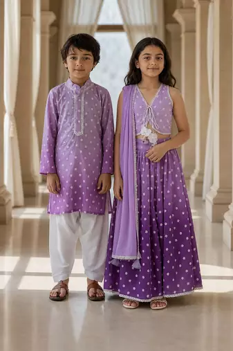 Orange embroidered chanderi lehenga choli & kurta pyjama brother sister matching combo