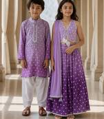 Orange embroidered chanderi lehenga choli & kurta pyjama brother sister matching combo