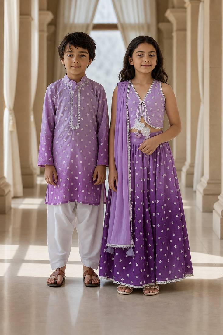 Orange embroidered chanderi lehenga choli & kurta pyjama brother sister matching combo