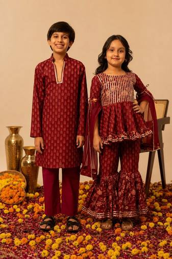 Maroon gota embroidered cotton sharara set & kurta pant brother sister matching combo