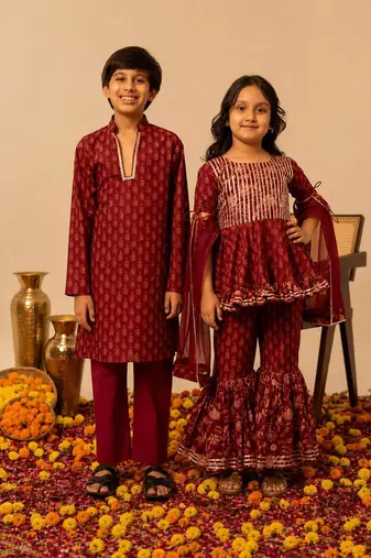 Maroon gota embroidered cotton sharara set & kurta pant brother sister matching combo