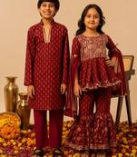 Maroon gota embroidered cotton sharara set & kurta pant brother sister matching combo