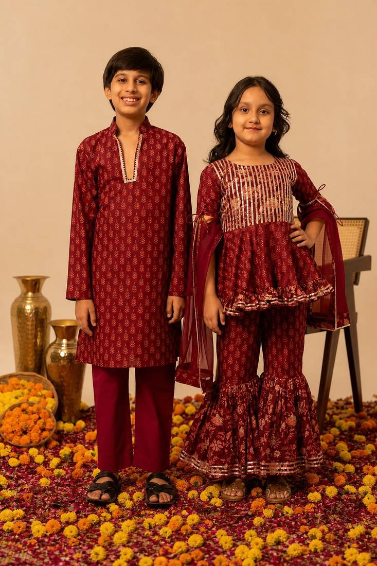 Maroon gota embroidered cotton sharara set & kurta pant brother sister matching combo
