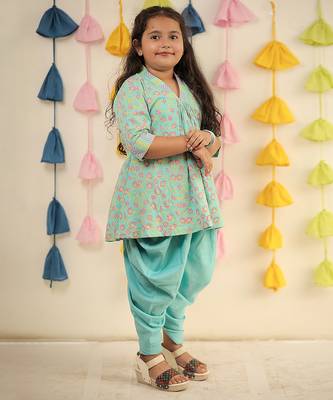 Blue block printed cotton dhoti kurta set & kurta pyjama brother sister matching combo 2