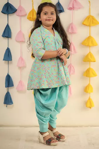Blue block printed cotton dhoti kurta set & kurta pyjama brother sister matching combo