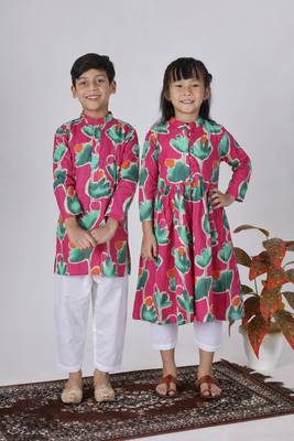 Pink printed cotton kurta set & kurta pant brother sister matching combo 1