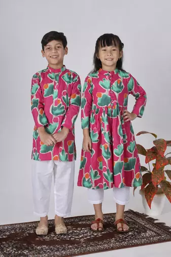 Pink printed cotton kurta set & kurta pant brother sister matching combo