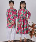 Pink printed cotton kurta set & kurta pant brother sister matching combo