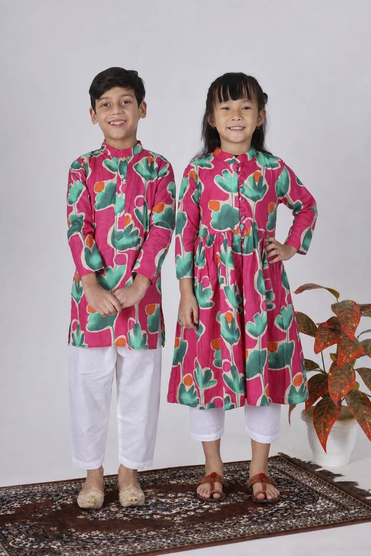 Pink printed cotton kurta set & kurta pant brother sister matching combo
