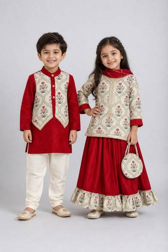 Red printed cotton silk lehenga choli & kurta pyjama brother sister matching combo