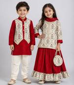 Red printed cotton silk lehenga choli & kurta pyjama brother sister matching combo