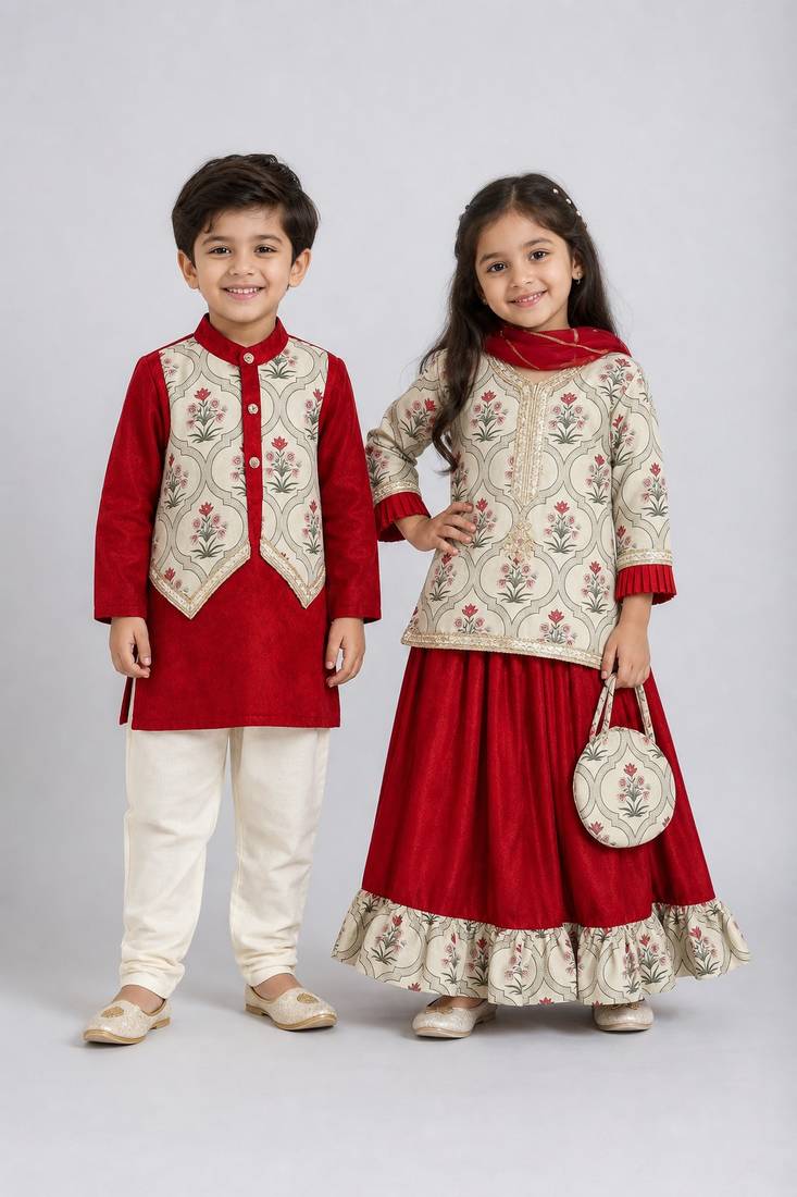 Red printed cotton silk lehenga choli & kurta pyjama brother sister matching combo