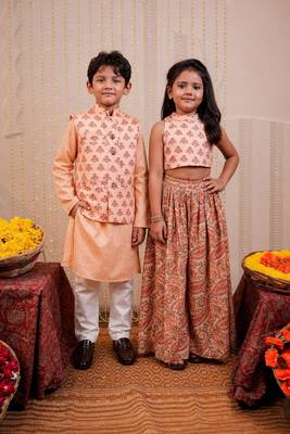 Peach block printed crepe & cotton sharara set & kurta jacket brother sister matching combo 1