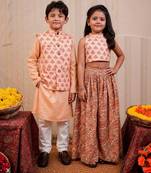 Peach block printed crepe & cotton sharara set & kurta jacket brother sister matching combo