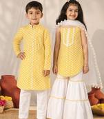 Yellow printed cotton sharara set & kurta pyjama brother sister matching combo