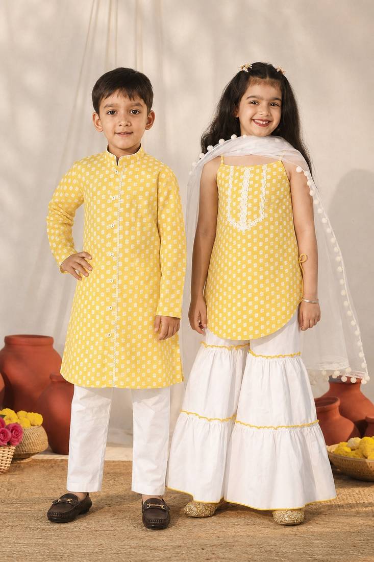 Yellow printed cotton sharara set & kurta pyjama brother sister matching combo