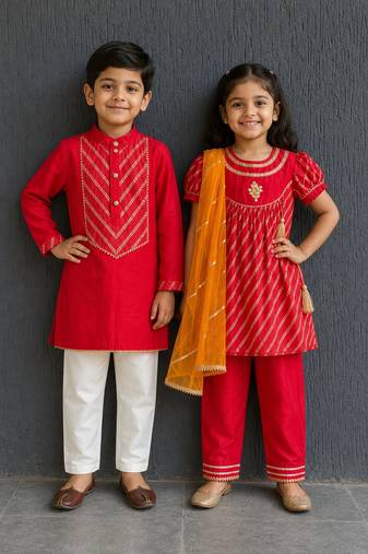 Red solid cotton kurta set & kurta pant brother sister matching combo