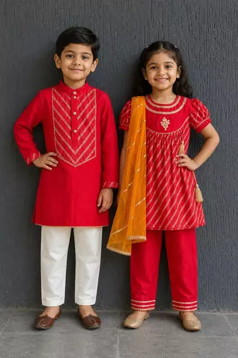 Red solid cotton kurta set & kurta pant brother sister matching combo