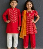 Red solid cotton kurta set & kurta pant brother sister matching combo