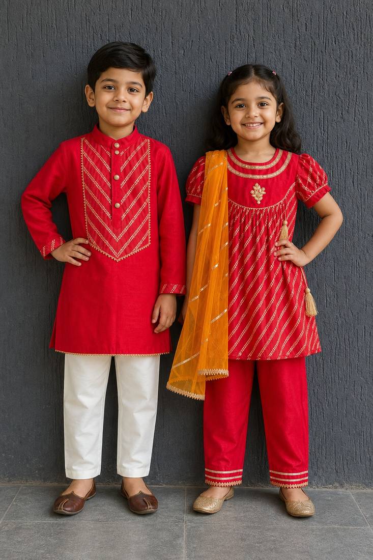 Red solid cotton kurta set & kurta pant brother sister matching combo