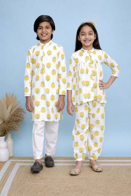 White printed cotton top and bottom set & kurta pyjama brother sister matching combo 1