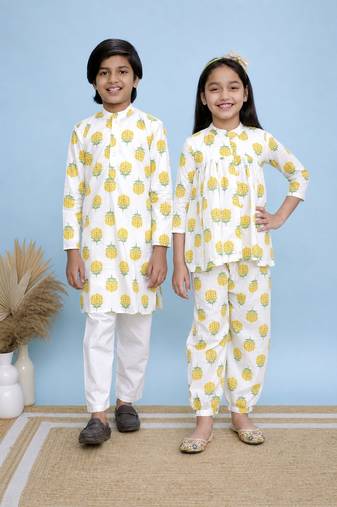 White printed cotton top and bottom set & kurta pyjama brother sister matching combo