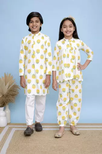 White printed cotton top and bottom set & kurta pyjama brother sister matching combo
