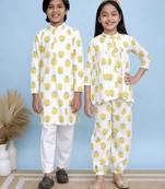 White printed cotton top and bottom set & kurta pyjama brother sister matching combo