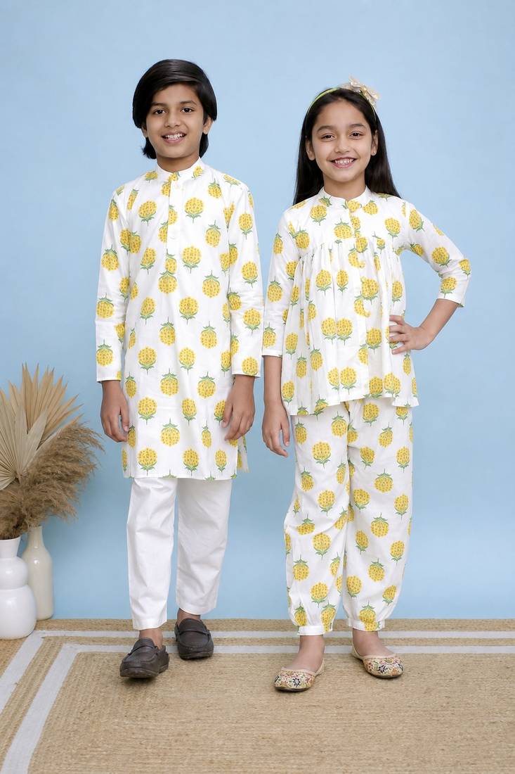 White printed cotton top and bottom set & kurta pyjama brother sister matching combo
