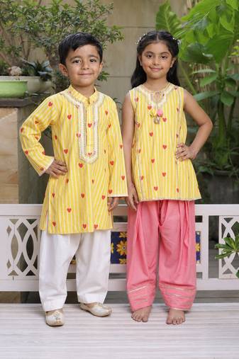 Sunshine yellow printed cotton kurta salwar set & kurta pant brother sister matching combo