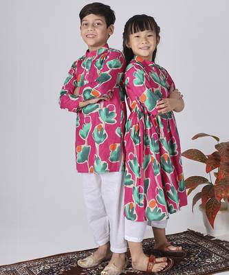 Pink printed cotton kurta set & kurta pant brother sister matching combo 2