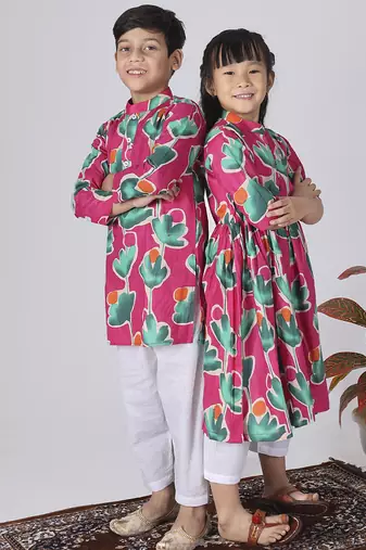 Pink printed cotton kurta set & kurta pant brother sister matching combo