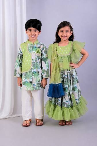 Green printed organza & cotton silk lehenga choli & kurta pyjama brother sister matching combo