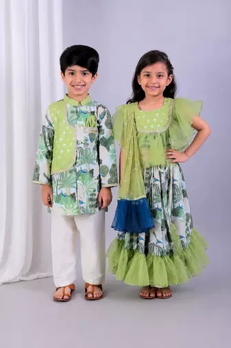 Green printed organza & cotton silk lehenga choli & kurta pyjama brother sister matching combo