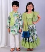 Green printed organza & cotton silk lehenga choli & kurta pyjama brother sister matching combo