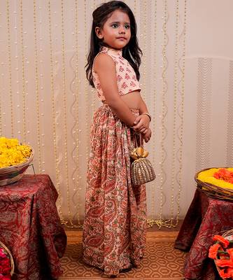 Peach block printed crepe & cotton sharara set & kurta jacket brother sister matching combo 2