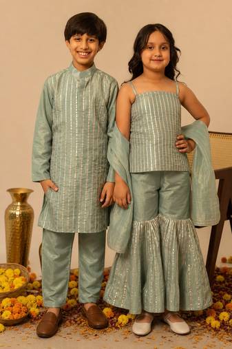 Sage green gota embroidered shimmer sharara set & kurta pant brother sister matching combo