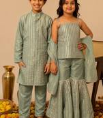 Sage green gota embroidered shimmer sharara set & kurta pant brother sister matching combo