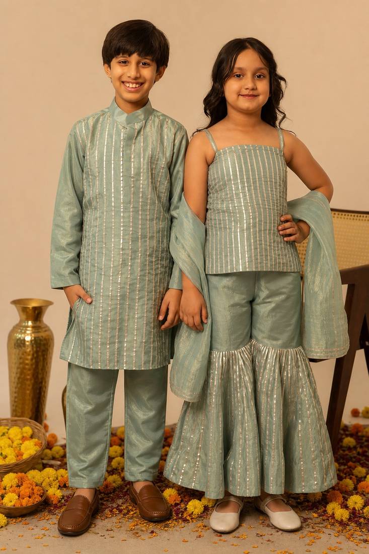 Sage green gota embroidered shimmer sharara set & kurta pant brother sister matching combo
