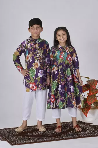 Purple printed cotton kurta set & kurta pant brother sister matching combo